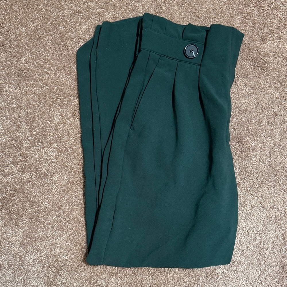 GUC H&M Women's Dark Green Crop Trousers Paper Bag Waist - Picture 3 of 11